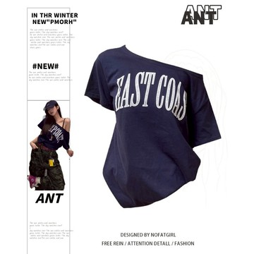 【ANT】美式高級一字斜肩字母短袖 斜肩上衣 斜肩 韓系上衣 大尺碼上衣 夏天服飾 一字領上衣 微辣上衣 夜場上衣 短袖