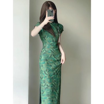 花開梔夏 半開襟雪紡印花改良旗袍年輕款少女民國氣質長款老上海