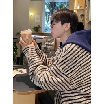 倉石一樹潮牌連帽撞色條紋毛衣男士2025年寬松套頭長袖休閑針織衫