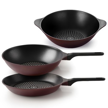 Kitchen-Art 平底鍋具3件組  平底鍋28cm+深型平底鍋28cm+大炒鍋28cm  酒紅色  1組