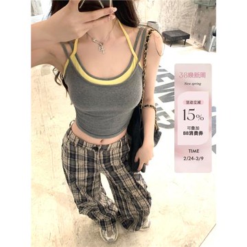 陳佳楠辣妹風假兩件性感掛脖吊帶背心女內搭短款外穿撞色無袖上衣