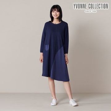 YVONNE 以旺傢飾 羅紋剪接長袖洋裝-靛藍