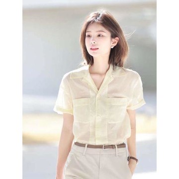 2025新款夏季女裝高級感百搭襯衫時尚法式設計感薄款微透短袖襯衣