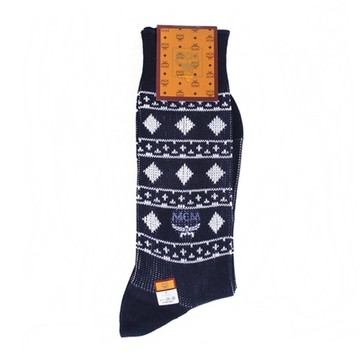 MCM 菱格紋圖騰刺繡LOGO休閒襪-深藍色