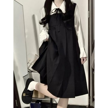 【日系學院風】小個子揹帶裙兩件套 女 春秋 奶乖裙 學生 娃娃領襯衫 連衣裙 長袖 A字裙 顯瘦 洋裝 衣服 shirt