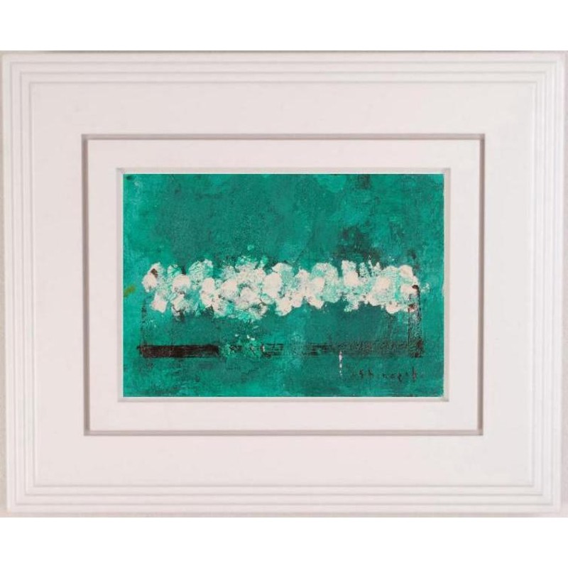篠崎晴夫 緑の背景の白い花・2 花 絵画 油絵 静物画 一点物 インテリア