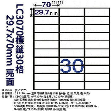【文具通】LC3070標籤30格 29.7x70mm 亮面 ASLC3070【APP滿額下單4%點數(單一帳號最高1000點)】7/31止