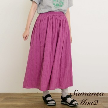 Samansa Mos2 素色/格紋抓皺感鬆緊腰設計長裙(0F000748010)