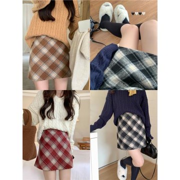 毛呢紅色格子秋冬款半身裙女今年流行爆款大碼a字裙胖mm顯瘦短裙