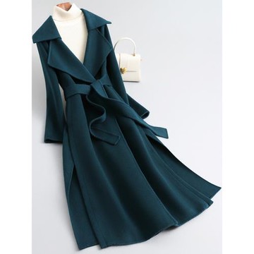 冬女雙面羊絨大衣長款大翻領開叉修身羊毛毛呢外套赫本