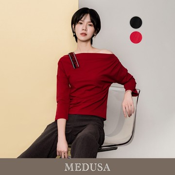 現貨【MEDUSA 曼度莎】斜肩肩帶抓褶造型T恤 - 2色（M-XL）｜女休閒上衣 長袖T恤 造型上衣