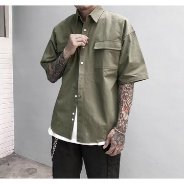 【A.S】韓國 厚磅 工裝襯衫 寬鬆 五分袖 落肩 素面 短袖 口袋襯衫