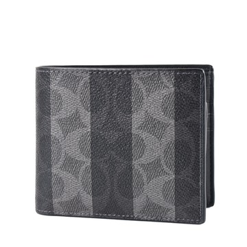 COACH 男款 灰黑相間緹花LOGO防刮皮革八卡短夾-灰/黑/附證件夾