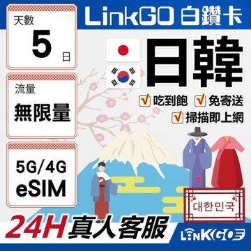 LINKGO白鑽卡 日韓 eSIM卡 5天吃到飽不降速 高速流量(日本網卡 大阪 東京 韓國網卡 首爾 釜山)
