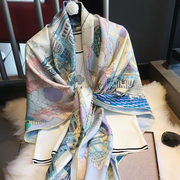 杭州真絲桑蠶絲巾紗巾大方巾春秋冬季百搭圍巾女冰藍城堡真絲披肩
