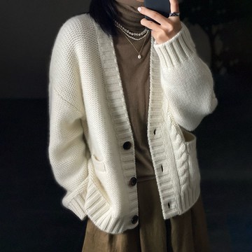 簡約復古麻花毛衣外套開衫女慵懶風寬松加厚外穿針織衫上衣秋冬裝