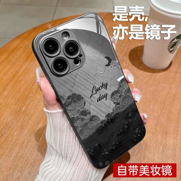 酷圖適用蘋果15promax手機殼14新款iPhone15鏡面13玻璃12高級感鏡子11奢華補妝全包plus創意小眾防摔油畫花花