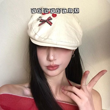 三件立減29🔥臺灣出貨🔥可開發票✅可愛蘋果白色蝴蝶結前進帽女2026年春新款顯臉小貝雷帽反戴帽子潮