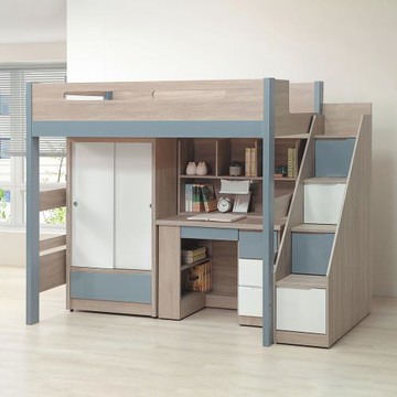 Boden-伍迪3.5尺單人多功能高架床/高層床架組-加高款(高180cm-床架+衣櫃+書桌+收納樓梯櫃)