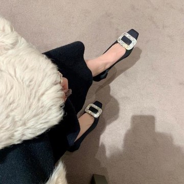 2024年春淺口方頭粗跟中跟綢緞歐美單鞋女水鉆方扣女高跟鞋婚鞋子