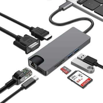 擴展塢 USB-C 多功能筆電擴展底座 HDMI type-c擴展塢 type-c轉hdmi/vga hub讀卡器+網卡 八合一