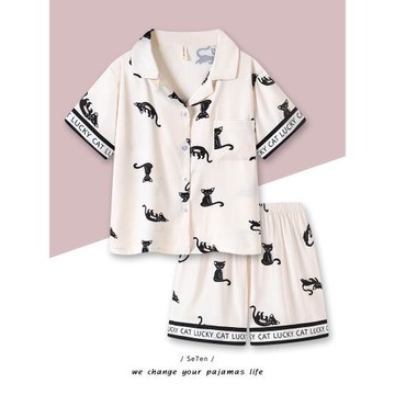冰絲睡衣女夏季薄款短袖絲綢套裝卡通寬松夏天可外穿網紅風家居服