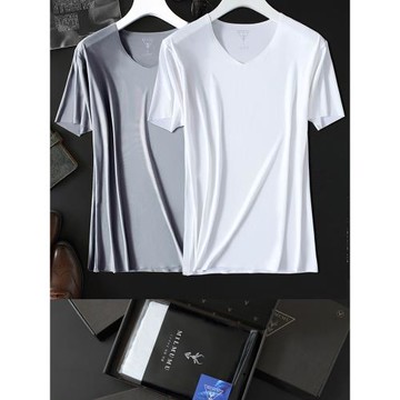 (免運)夏季t恤短袖V領羊奶高級冰絲超薄速干無痕半袖純白色男打底衫體恤