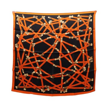 HERMES 愛馬仕 Tres Kelly Carre 70 方巾 黑/橘/金色 絲綢 【二手名牌BRAND OFF】
