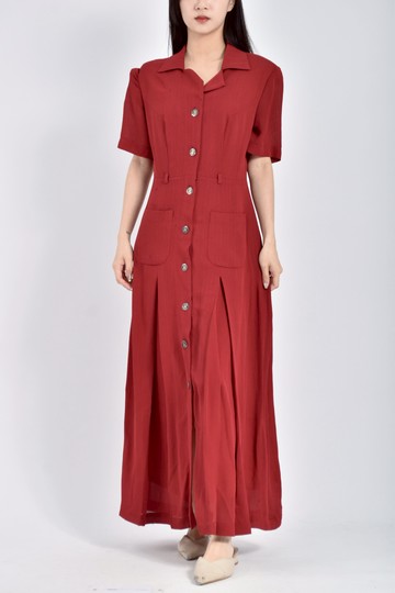 (S) clodon短袖排扣紅色洋裝