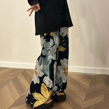 長褲女 褲子 女生褲子 休閒褲女 直筒褲新款印花休閒綿綢褲女垂感夏季慵懶薄款直筒褲外穿顯瘦闊腿遛彎褲93