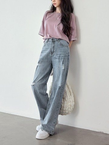 神超值．彈力刷破造型修身直筒牛仔褲