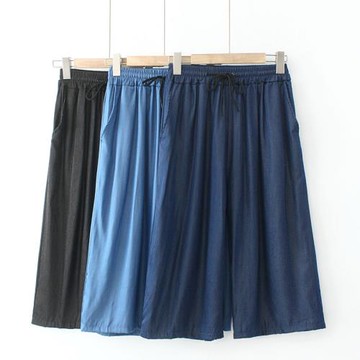 中年人40-50歲冰絲薄款七分牛仔闊腿褲女寬松大碼媽媽夏天七分褲