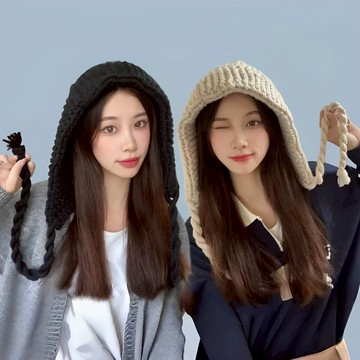 現貨-繫帶毛帽辮子秋冬季粗線針織保暖護耳帽女大頭圍包頭針織帽潮