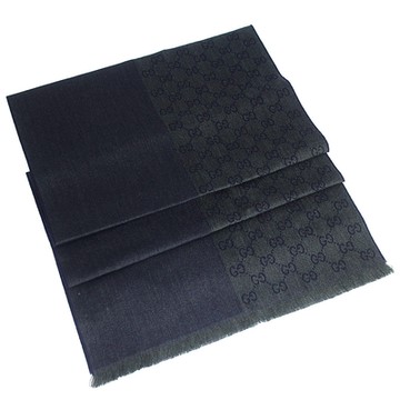 GUCCI 古馳  深藍/灰綠雙色單邊 LOGO 100%羊毛圍巾