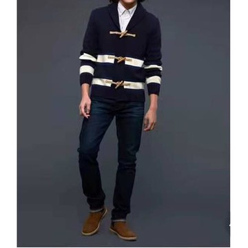 歐美出口尾單羊毛復古活力條紋栓扣翻領毛衣開衫流行條紋秋季拼色