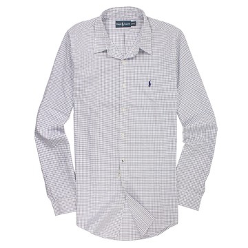 美國百分百【全新真品】Ralph Lauren 襯衫 RL 長袖 上衣 休閒 Polo 小馬 藍 春夏 格紋 男 XXL E036