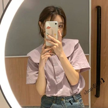 荷葉領襯衫女潮夏季新款韓版法式甜美上衣設計感小衆短袖襯衣洋氣 襯衫女 韓系襯衫 襯衣 休閒襯衫