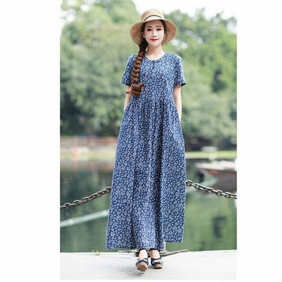 ワンピース レディース 花柄 半袖 コットンリネン ロングワンピース 夏 オシャレ ラウンドネック 婦人服 綿麻 ポイント消化 通販 Lineポイント最大get Lineショッピング