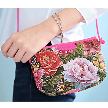 小斜跨包 真皮/布防潑水 平織緹花 復古牡丹