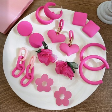 ins風玫紅色耳環高級感氣質耳釘夏季新款法式輕奢耳飾女潮