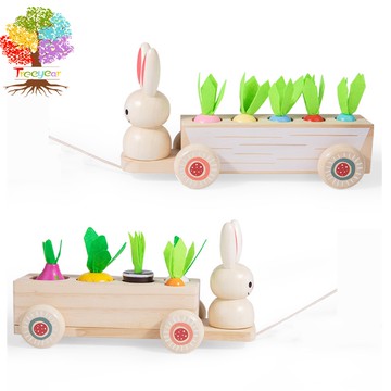 【樹年】蒙氏木製兒童益智早教玩具創意二合一拔蘿蔔兔子拉車水果配對玩具