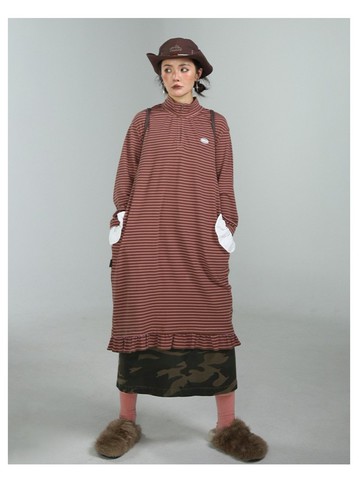 條紋花邊小高領寬松直筒連衣裙洋裝