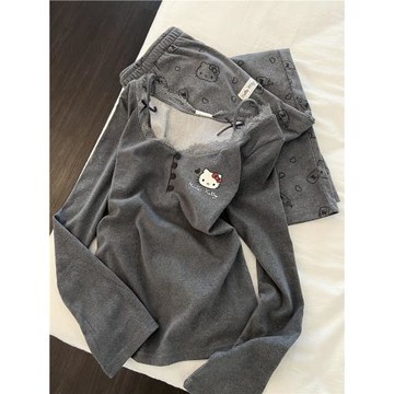 Miss Bunny韓系高級感灰色系KT貓睡衣女春秋季休閑花邊家居服套裝