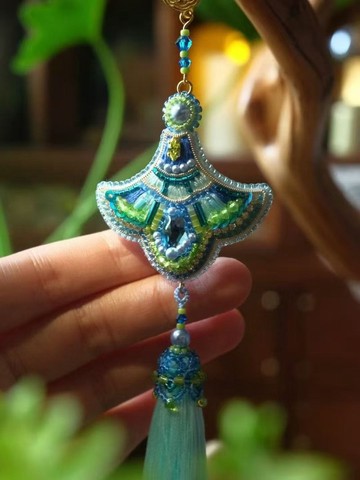 青瑤扇 重工珠繡流蘇胸針 國風復古釘珠刺繡旗袍配飾孤品