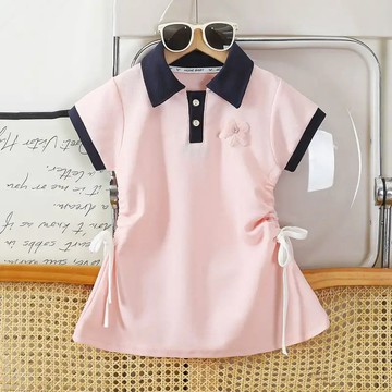 夏日必備！夏季新品女童學院風抽繩POLO領短袖連身裙中大童洋氣休閒裙子 女童裙子 中小童 短袖連身裙 韓版洋裝