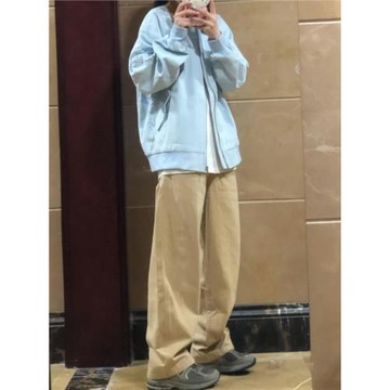 卡其色工裝休閑褲女春秋2025新款小個子直筒褲子寬松bf慵懶闊腿褲