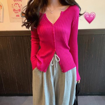 2025春秋新韓版修身顯瘦大碼打底洋氣長袖上衣紅色V領針織開衫女