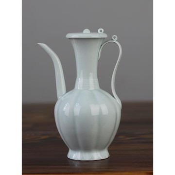 復古仿宋點茶湖田影青小號帶蓋瓜棱手執壺茶壺酒壺宋茶百戲斗茶具