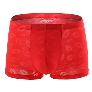 男士內褲男蕾絲平角褲冰絲無痕夏季超薄透氣性感本命年紅色四角褲