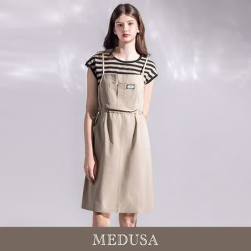 現貨【MEDUSA 曼度莎】假兩件卡其小吊帶背心洋裝（M-XL）｜洋裝推薦 休閒穿搭 洋裝穿搭